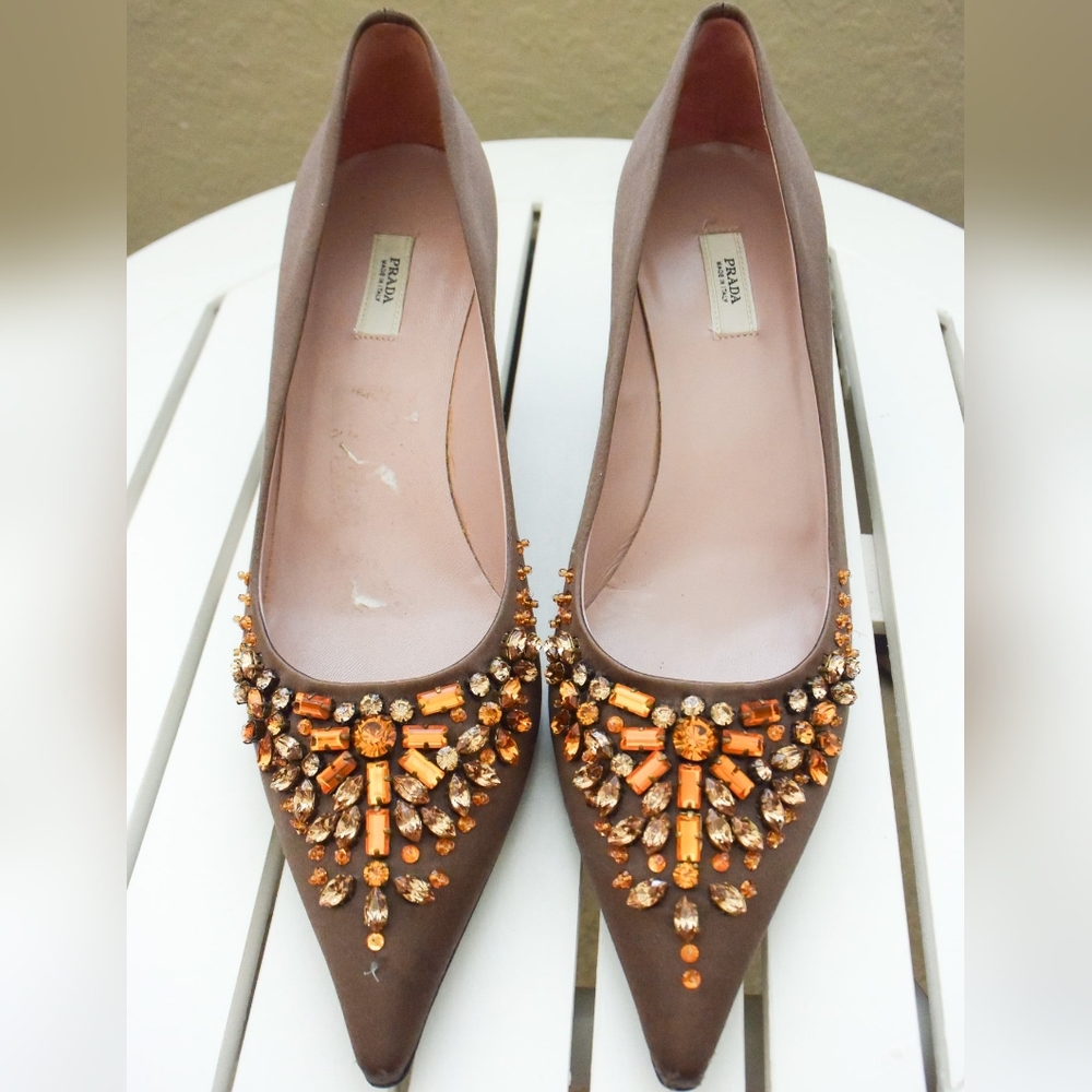 *PRADA* Brown - Satin Pointe Pumps w/ Rhinestones & Jewels - size 36.
